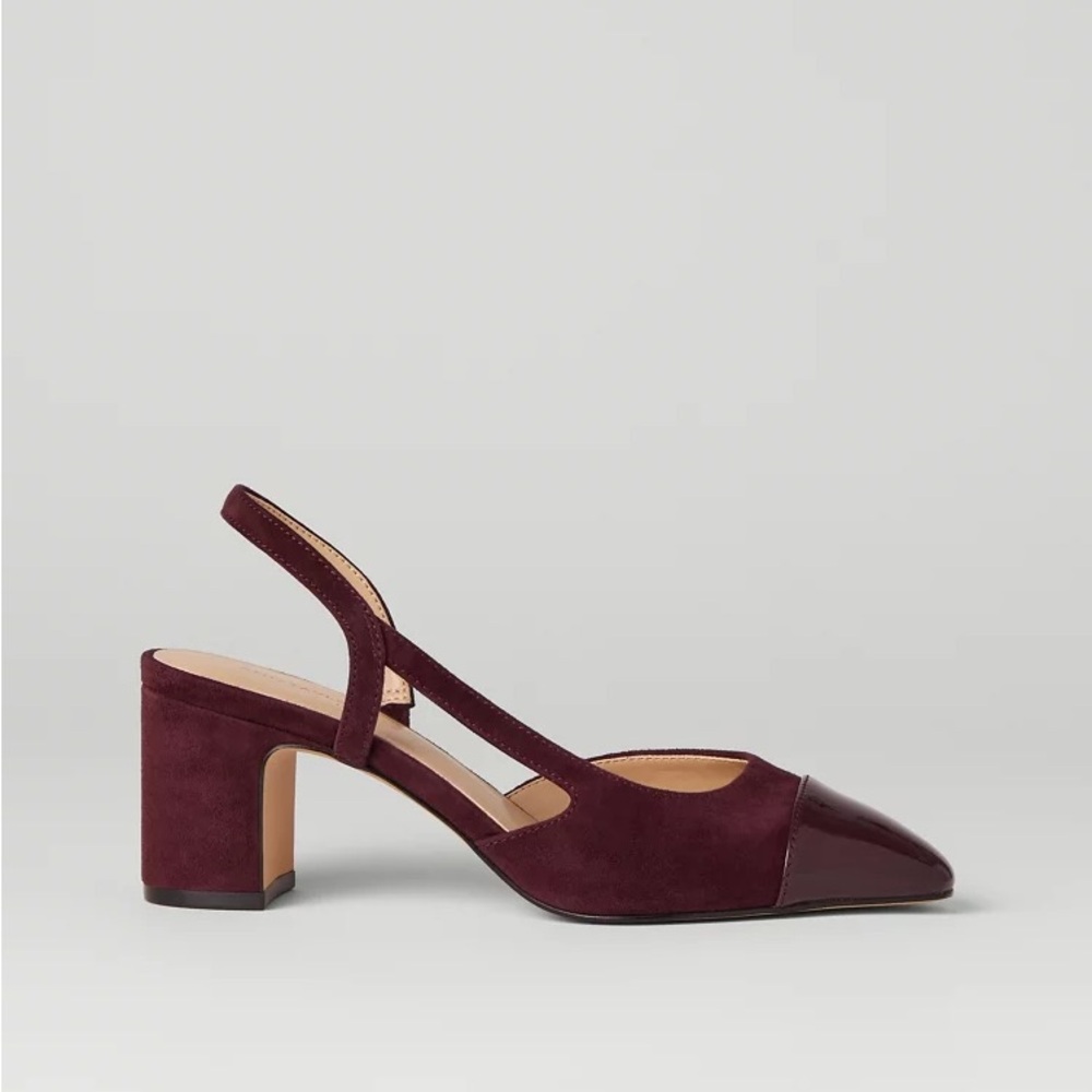 Suede Cap Toe Block Heel Slingback Pumps - Burgundy